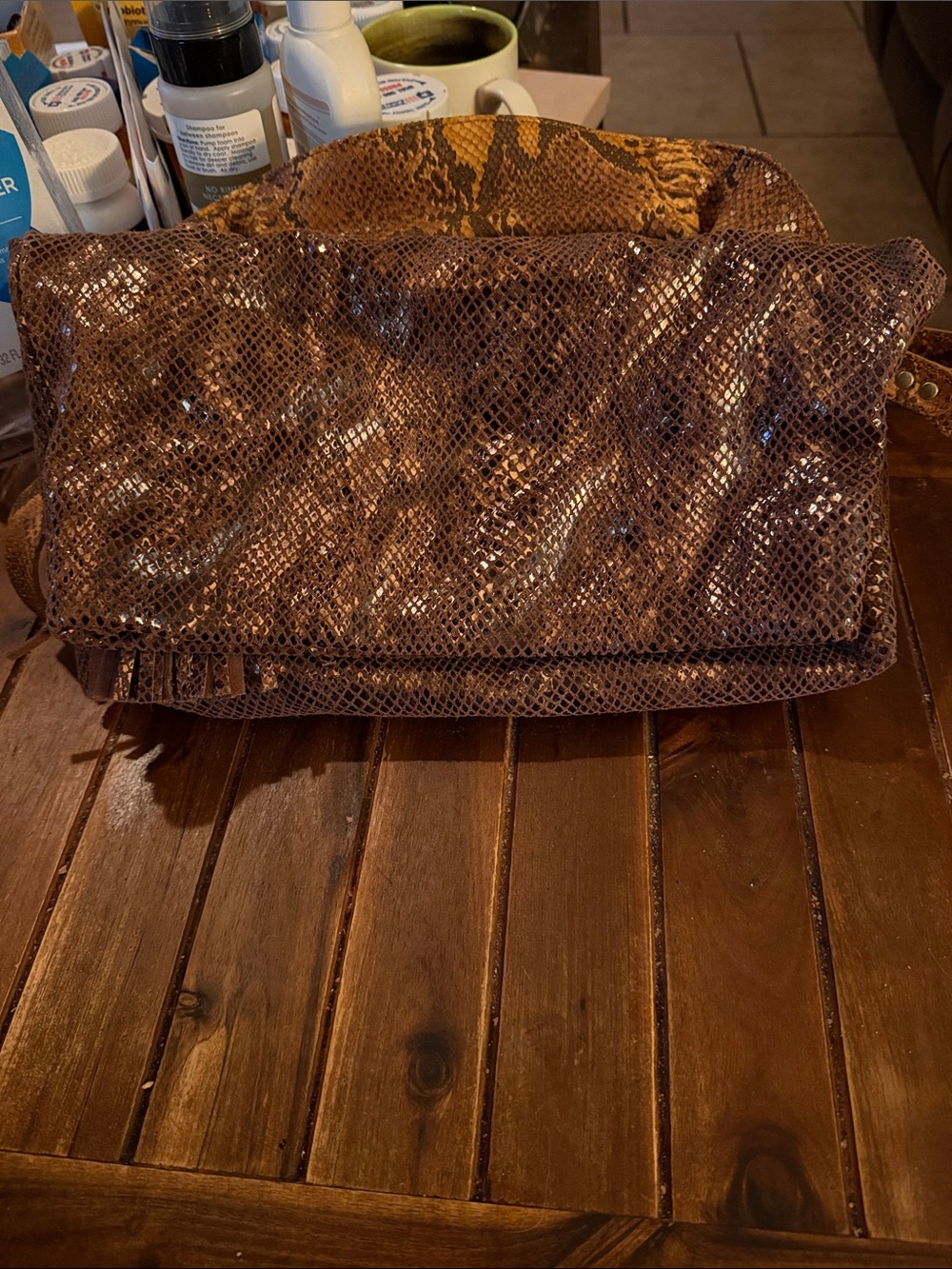 Brown Snake-Embossed Shoulder Bag